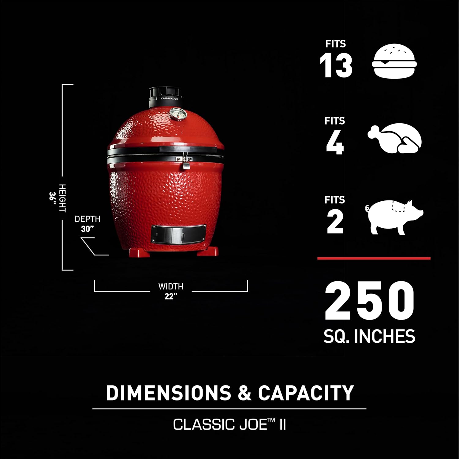 Kamado Joe Classic Joe Series II 18-inch Ceramic Charcoal Grill and Smoker with Cart, Side Shelves, Stainless Steel Grates and 250 Cooking Square Inches in Red, Model KJ-23RHC