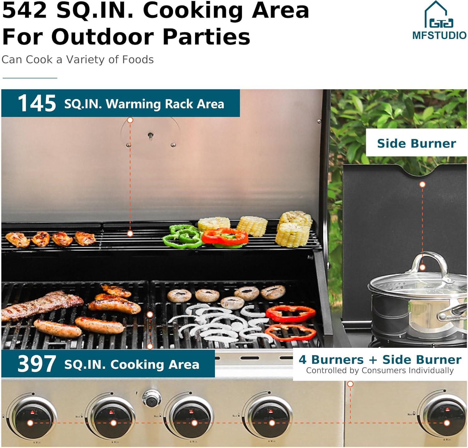 MFSTUDIO 4 Burner Propane Gas BBQ Grill with Side Burner and Porcelain-Enameled Cast Iron Grates, 42,000 BTU Output Stainless Steel Grill for Outdoor Cooking and Backyard Barbecue