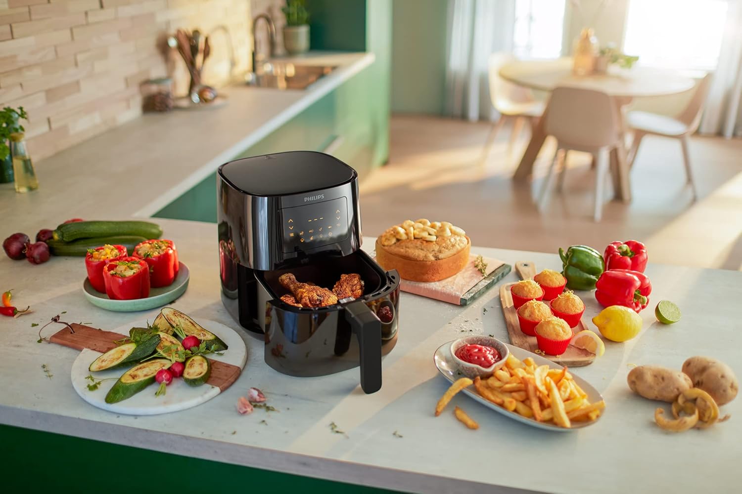 PHILIPS 3000 Series Air Fryer Essential Compact with Rapid Air Technology, 13-in-1 Cooking Functions to Fry, Bake, Grill, Roast  Reheat with up to 90% Less Fat*, 4.1L capacity, Black (HD9252/91)