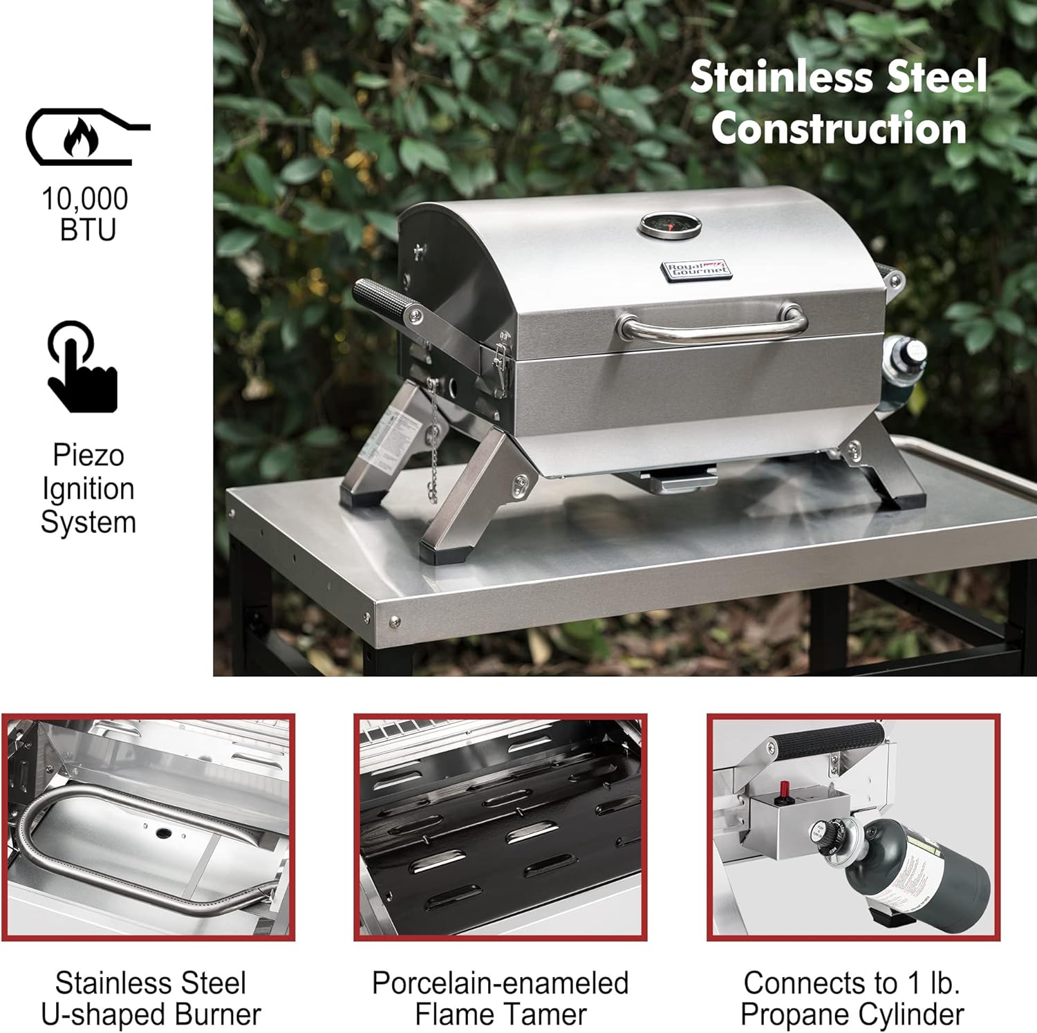 Stainless Steel Portable Grill with Two Handles and Travel Locks, Tabletop Propane Gas Grill with Folding Legs, 10000 BTU, for Picnic Cookout, GT2001, Silver