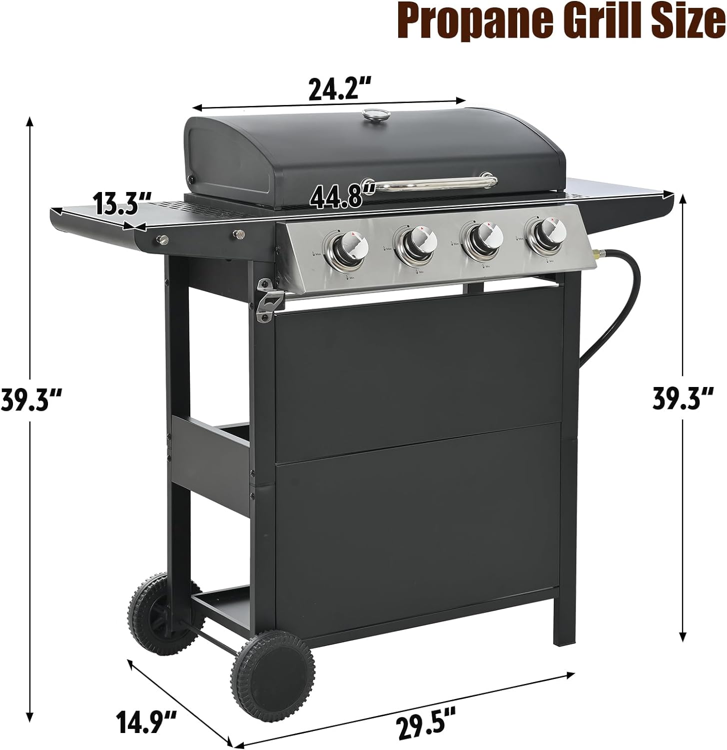 4-Burner Propane Grill with Top Cover Lid, Wheels, Side Tables, Built-in Thermometer, 34,200 BTU Gas Grill for Patio, Garden Barbecues, Black