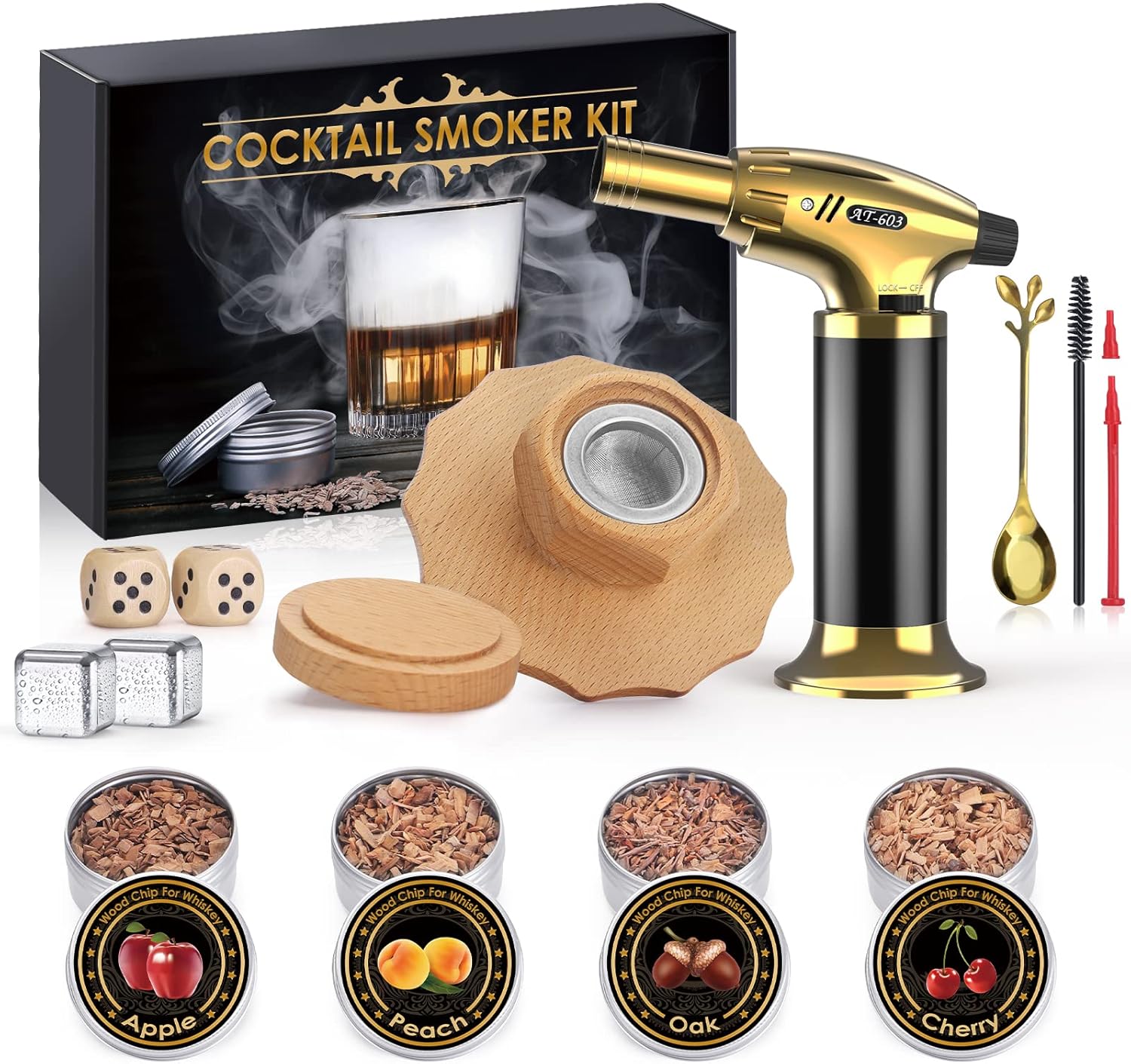 Cocktail Smoker Kit with Torch, Whiskey Smoker Kit with 4 Flavors Wood Chips, Mens Gifts, Old Fashioned Drink Smoker Infuser Kit, Fathers Day Birthday Gifts for Men, Dad, Husband (No Butane)