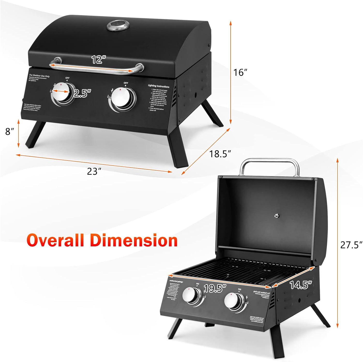 COSTWAY Portable Gas Grill, 20,000 BTU Tabletop Barbecue Grill with 2 Burners, Dual Temperature Control, Folding Legs, Built-in Thermometer, Propane Gas Grill for RV Backyard BBQ Camping Patio, Black