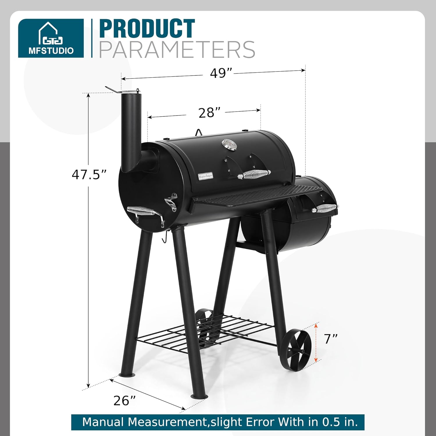 MFSTUDIO Heavy Duty Outdoor Charcoal Smoker Grill, Charcoal Grill with Offset Smoker Box, 512 Sq.In. Cooking Area, Black