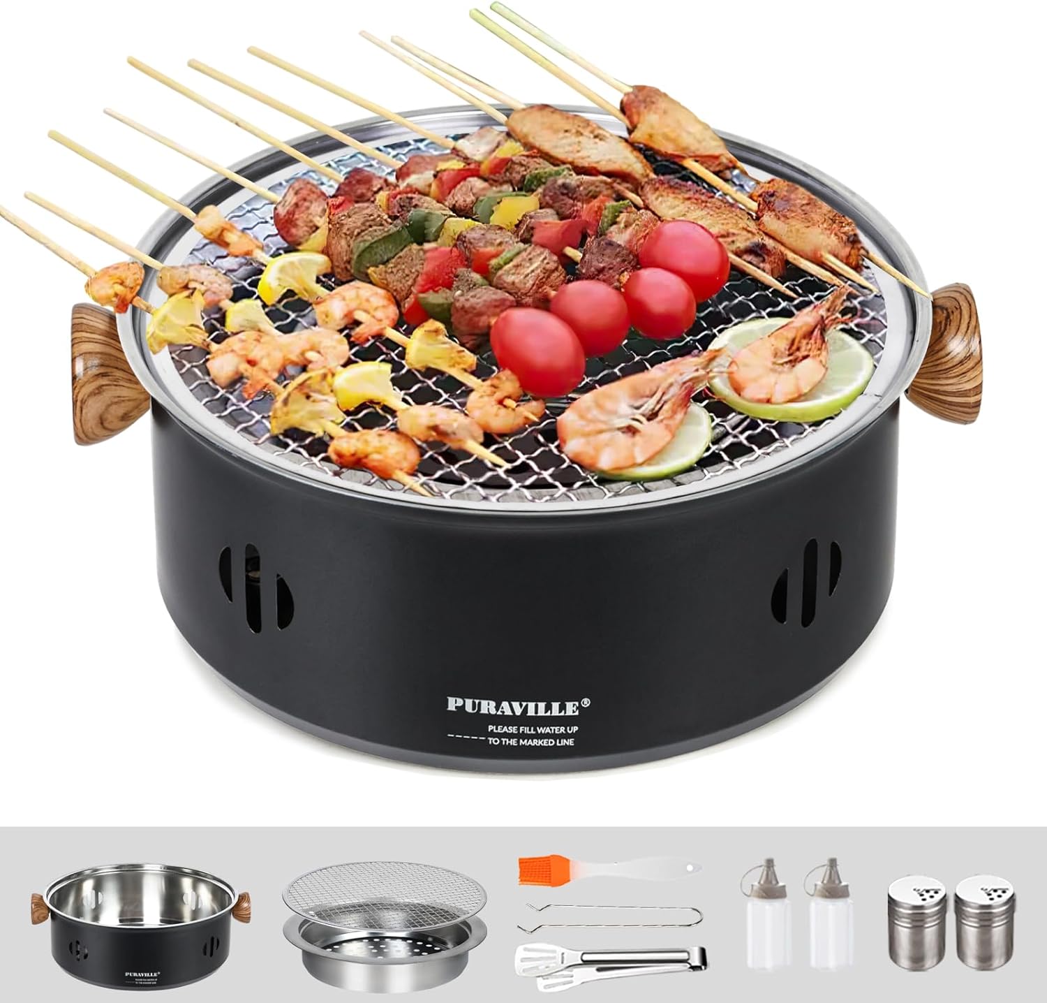 Puraville 12.5-Inch Charcoal BBQ Grill, Portable Small Camping Grill, Tabletop Korean Barbecue Grill for Home Party and Outdoor Backyard Cooking,Black