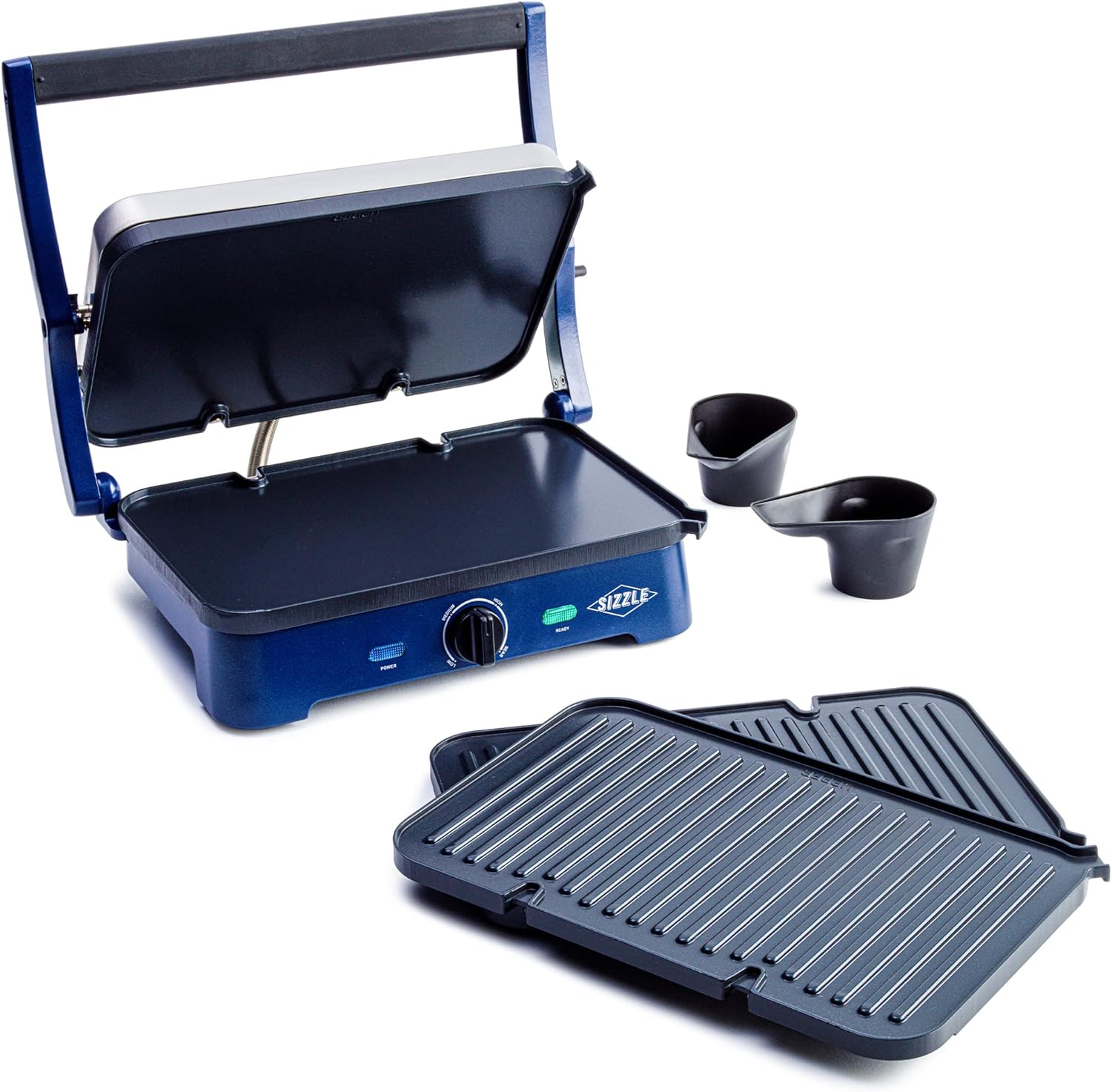 Blue Diamond Electric Contact Griddle, Healthy Ceramic Nonstick, PFAS  PFOA-Free, Open Flat Design, Metal Utensil Safe, Drip Tray, Dishwasher Safe Removable Plates, Adjustable Temperature, Blue