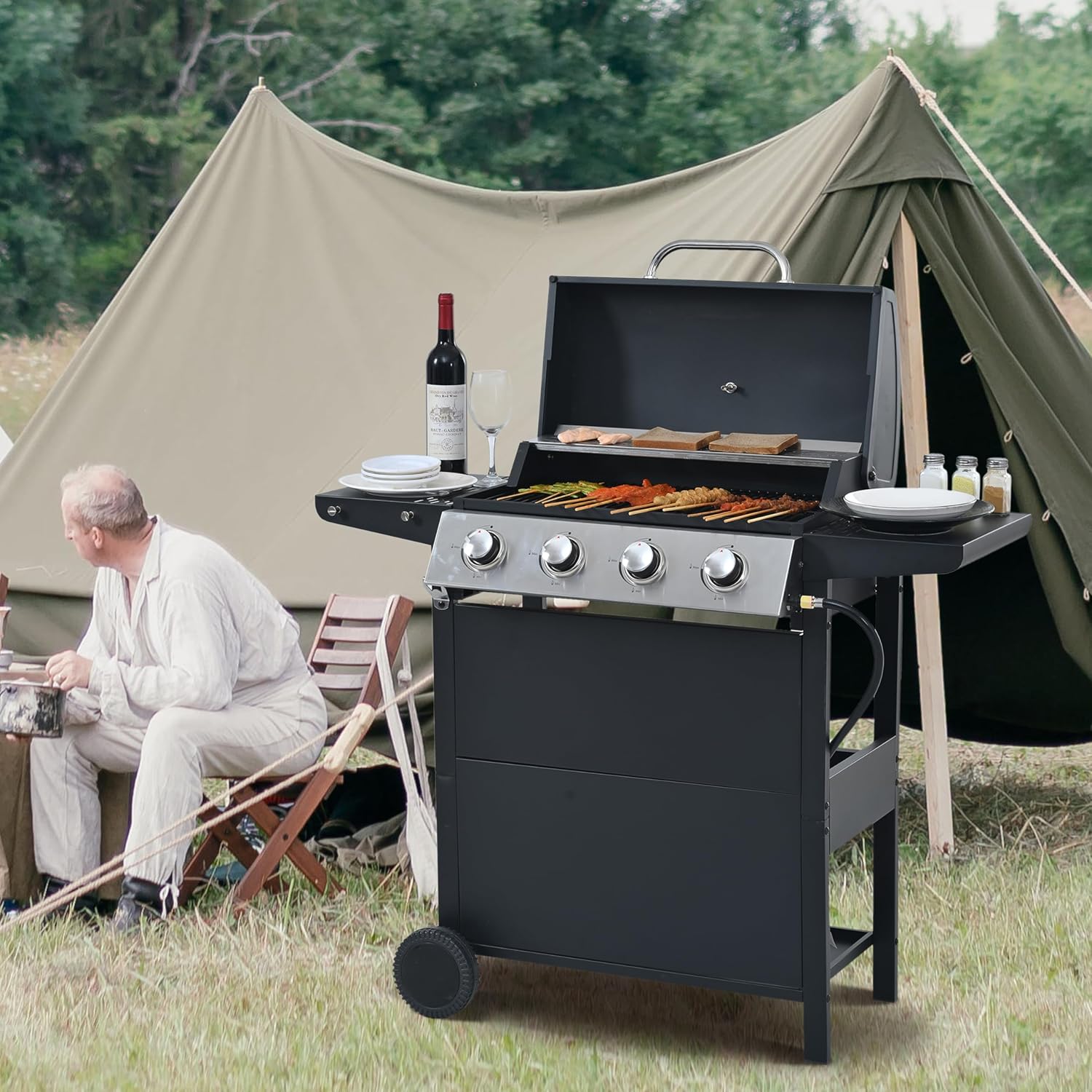 4-Burner Outdoor Barbecue Propane Gas Grill,Outdoor Stainless Steel BBQ Grill 35,000 BTU with Side Tables and Wheel Casters for Backyard Garden Patio Camping Cooking