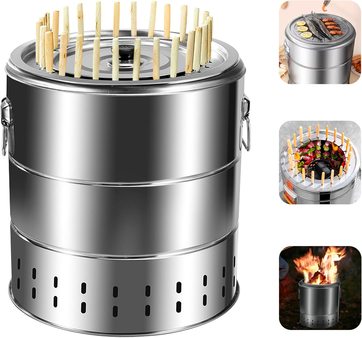 Portable Smokeless Barbecue Charcoal Barrel Grill, Stainless Steel Surround Charcoal kebab Grill with 28 Skewers and BBQ Grill Cooking Grate, Diameter 15.4 inch