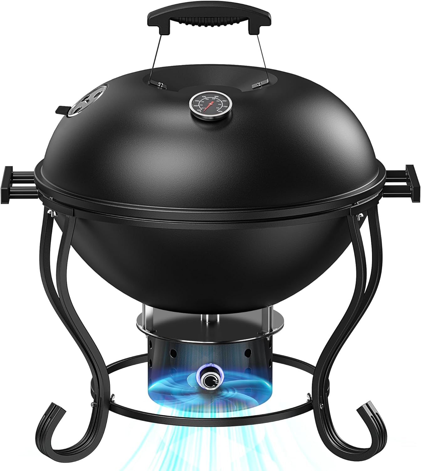 18 Inch Portable Charcoal Grill with Adjustable Fan, Outdoor BBQ Fire Pit Grill, Easy to Light Charcoal/Wood, Small Round Kettle Grill Smoker for Backyard Cooking, Barbeque, Camping, Black