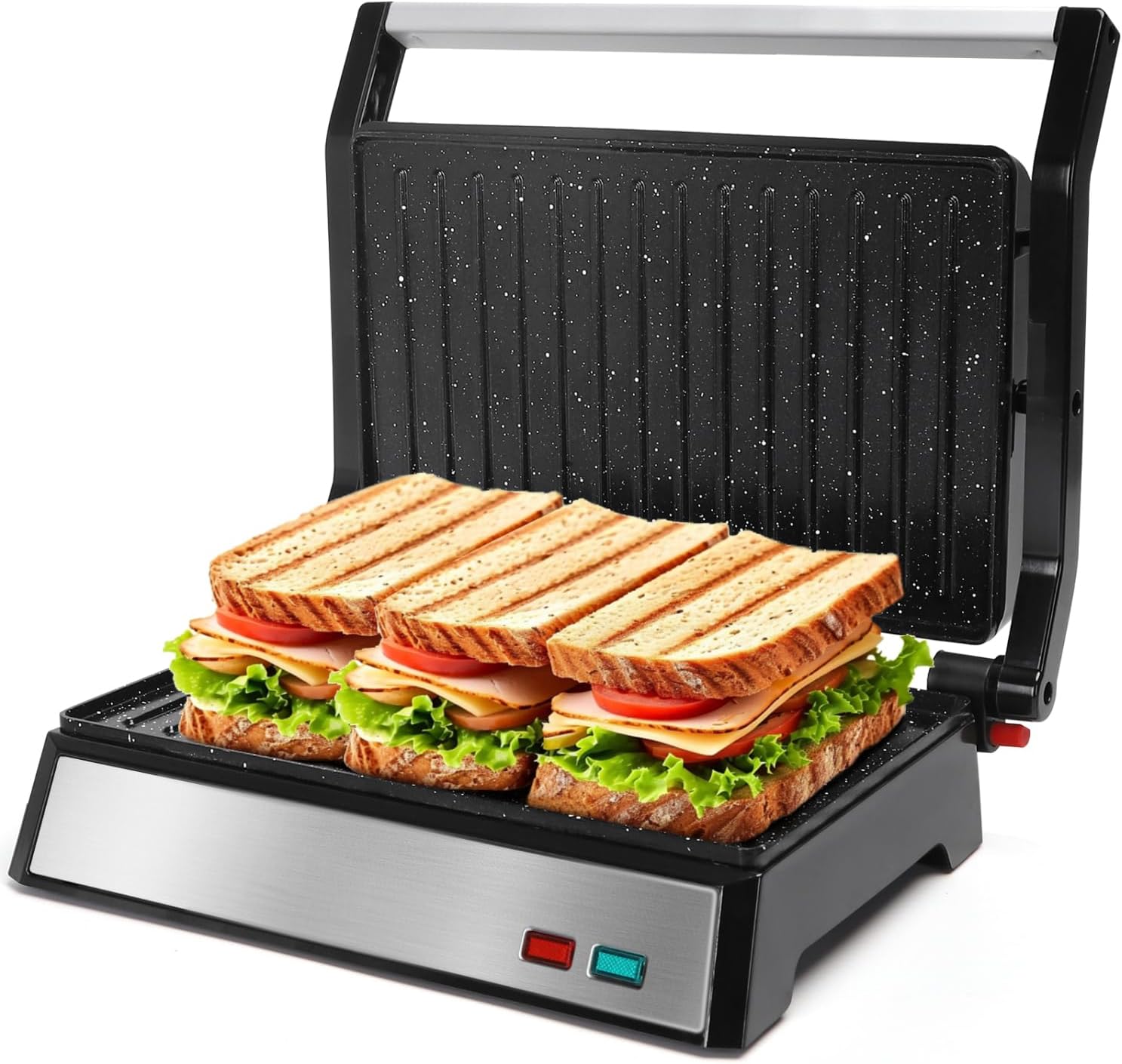 Aigostar Panini Press, 1200W Sandwich Maker and Electric Indoor Grill with Ceramic Non-Stick Coated Plates, Opens 180°to Fit Any Size of Food, Stainless Steel Surface  Removable Drip Tray, Silver