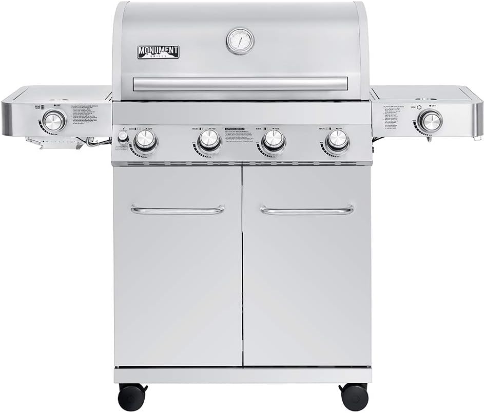 Monument Grills Larger 4-Burner Propane Gas Grills Stainless Steel Cabinet Style with Side  Side Sear Burners, Built-In Thermometer, and Knob Controls