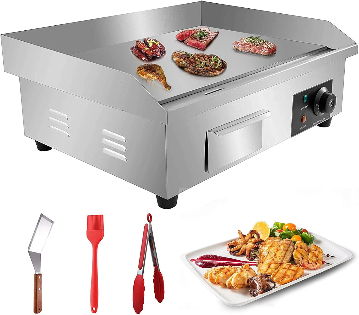 110V 3000W 22 Commercial Electric Countertop Griddle Stainless Steel BBQ Flat Top Grill Hot Plate, Adjustable Thermostatic Control 122°F-572°F, Stainless Steel Restaurant Grill for Kitchen