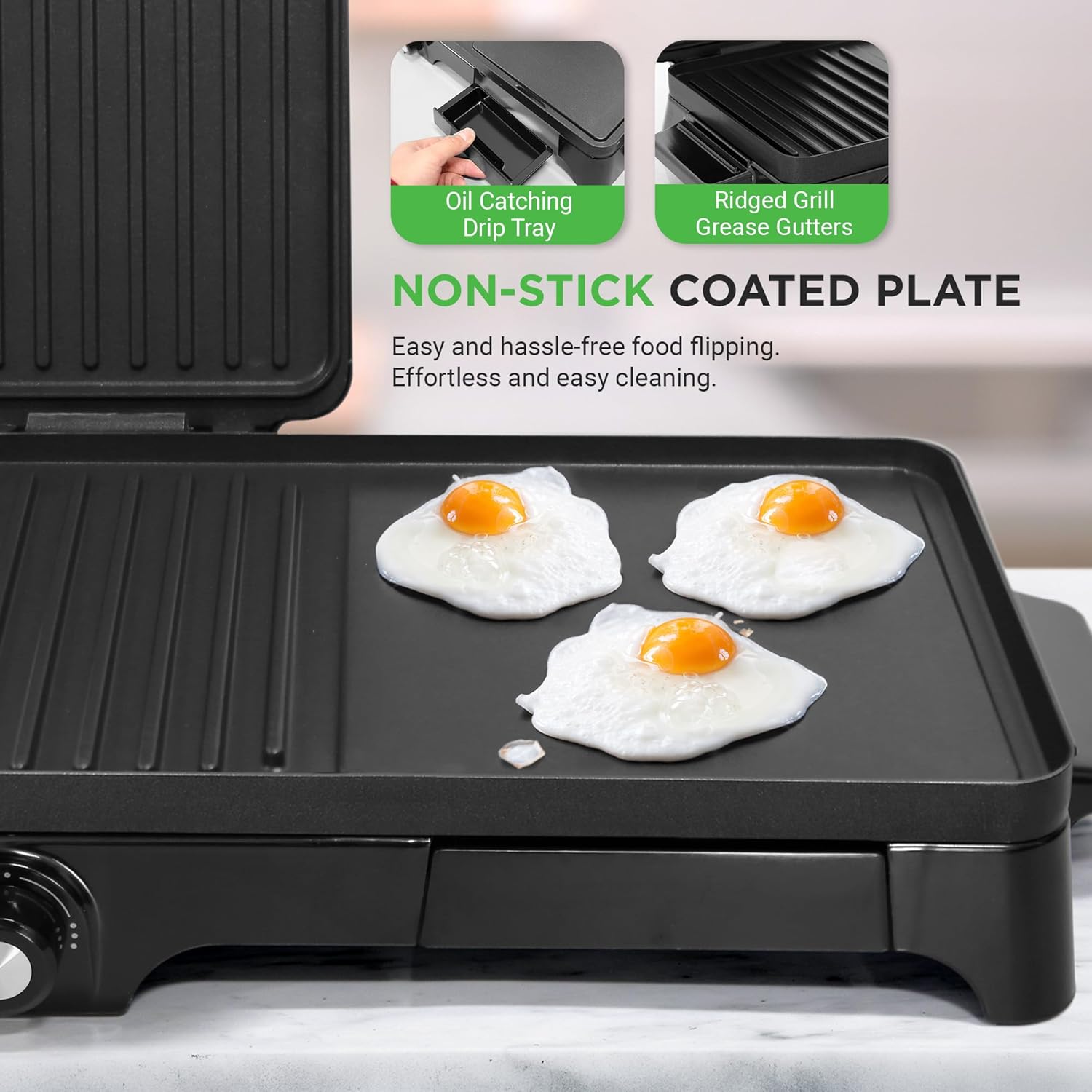 Nutrichef 3-in-1 Grill, Griddle,  Panini Press - Nonstick Coating, Temperature Control - Multiuse Countertop Sandwich Maker - Removable Drip Tray - 1500W - Compact Griddle - 20.3 x 12.5 x 5.3, Black