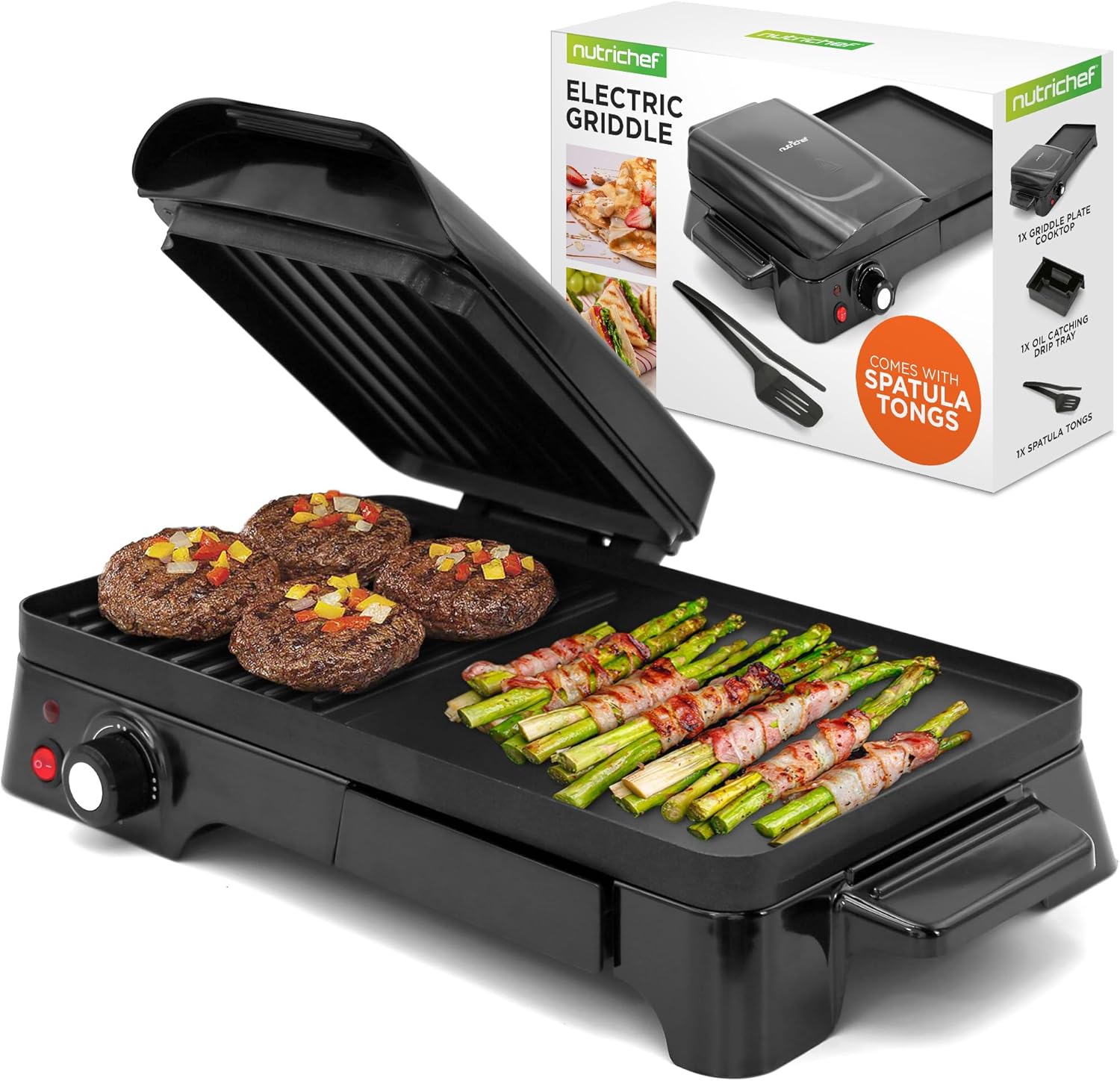 Nutrichef 3-in-1 Grill, Griddle,  Panini Press - Nonstick Coating, Temperature Control - Multiuse Countertop Sandwich Maker - Removable Drip Tray - 1500W - Compact Griddle - 20.3 x 12.5 x 5.3, Black