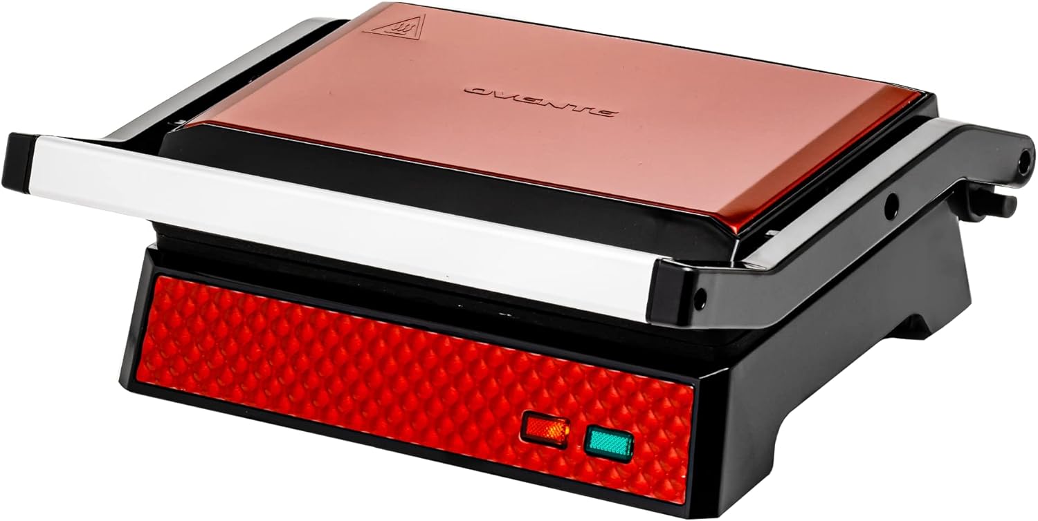 OVENTE Electric Panini Press Sandwich Maker with Non-Stick Coated Plates, Opens 180 Degrees to Fit Any Type or Size of Food, 1000W Indoor Grill Perfect for Quesadillas, Burgers  More, Red GP0620R