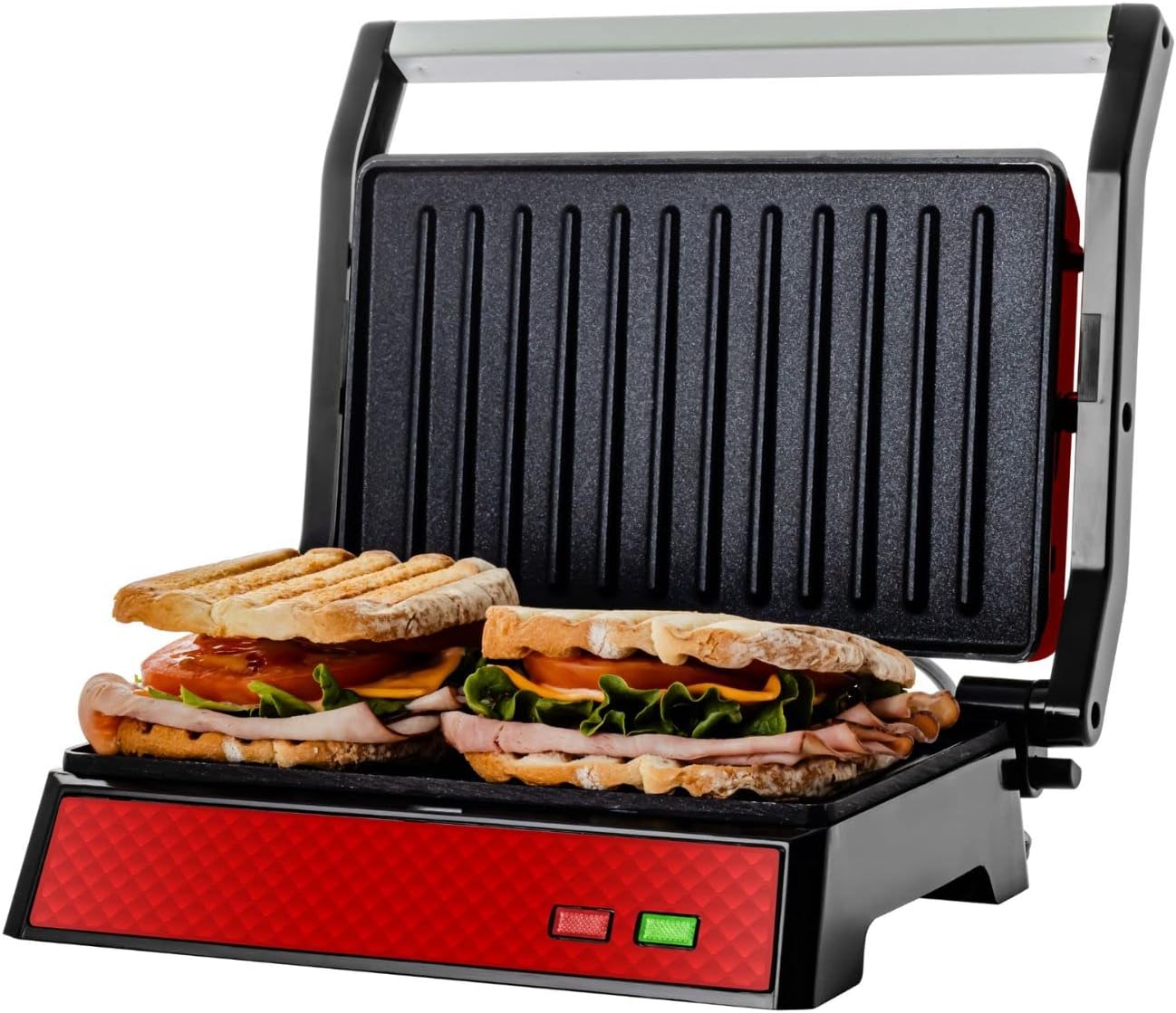 OVENTE Electric Panini Press Sandwich Maker with Non-Stick Coated Plates, Opens 180 Degrees to Fit Any Type or Size of Food, 1000W Indoor Grill Perfect for Quesadillas, Burgers  More, Red GP0620R