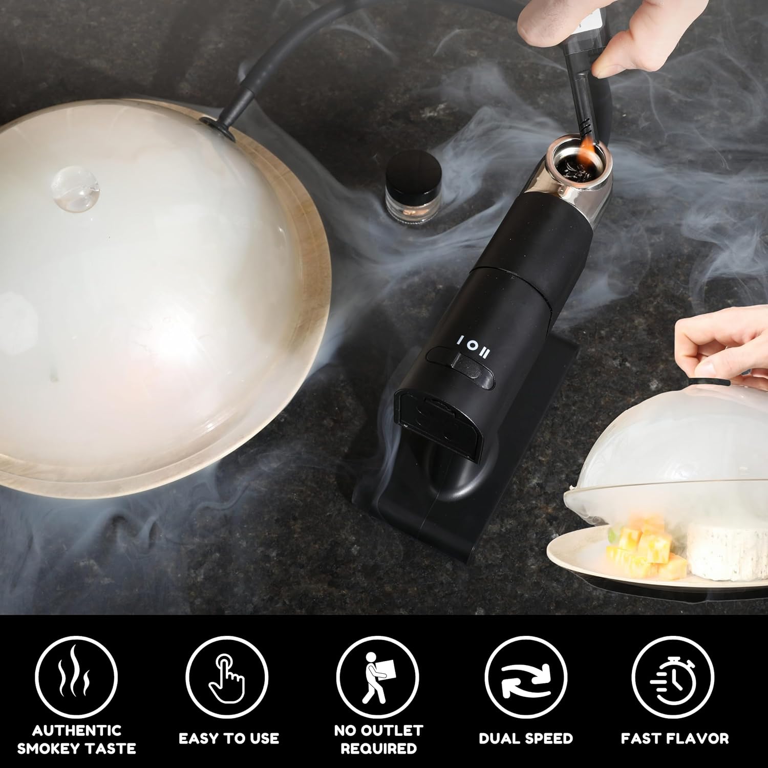 Portable Smoke Infuser Gun with Wood Chips, Hose, Dome and Drinking Lid - Handheld Electric Smoker Machine for Cocktail Drink, Whiskey, Outdoor BBQ, Meat, Pizza and Food Cooking