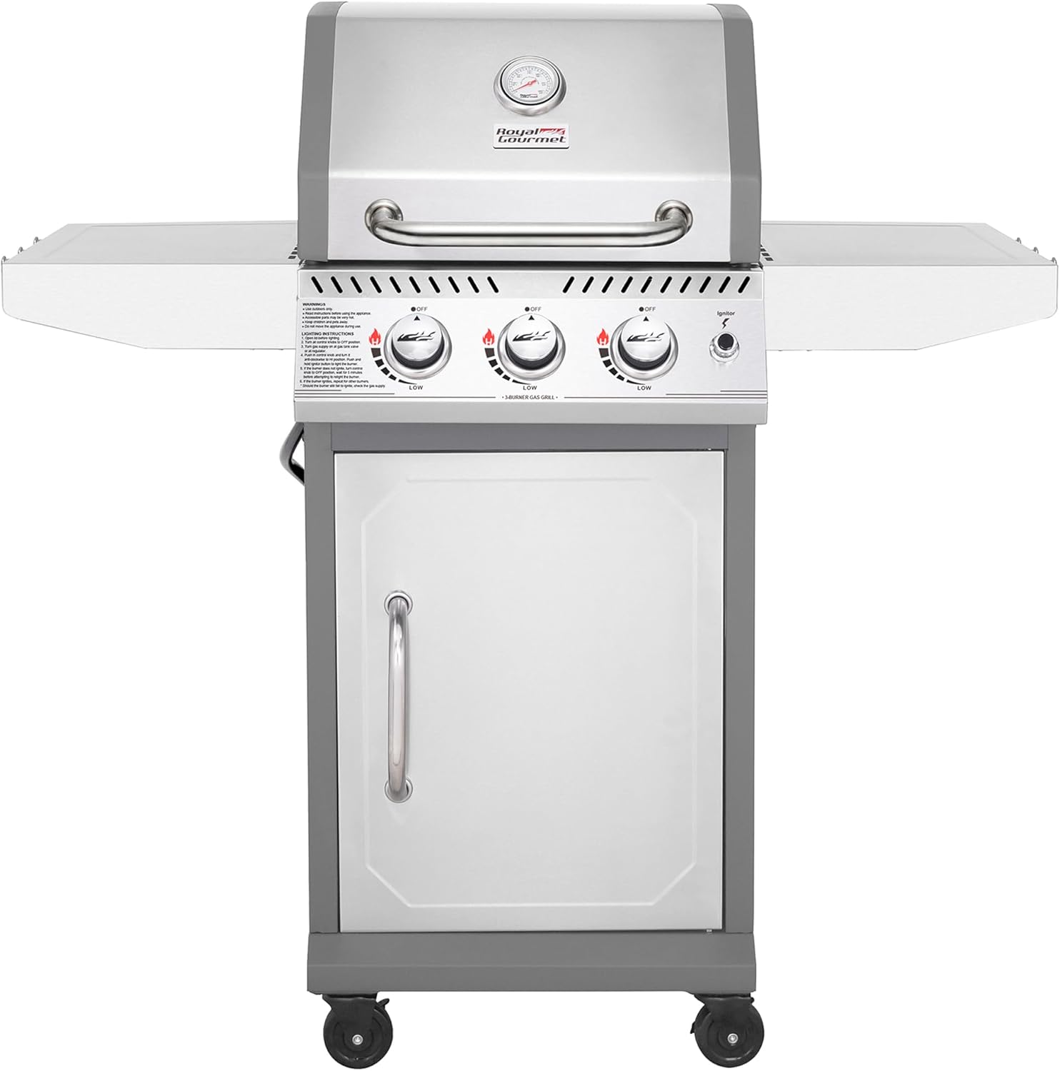 Royal Gourmet GG3001S 3-Burner Propane Gas Grill with Warming Rack, 25,500 BTUs, Stainless Steel BBQ Grill with Side Tables for Barbecue Grilling  Backyard Cooking, Silver