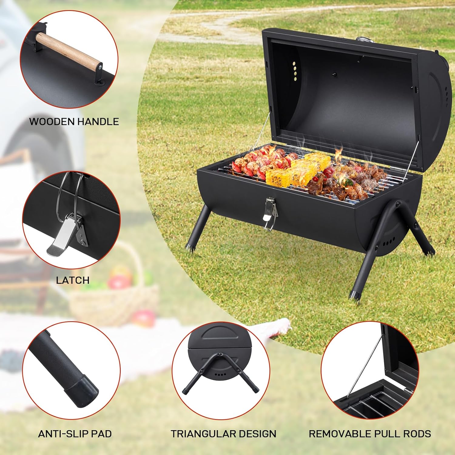 VINGLI Portable Charcoal Grill with Thermometer  Wooden Handle, Multi-functional Metal Compact Tabletop BBQ Outdoor Charcoal Grill for Camping Travel Picnic Patio