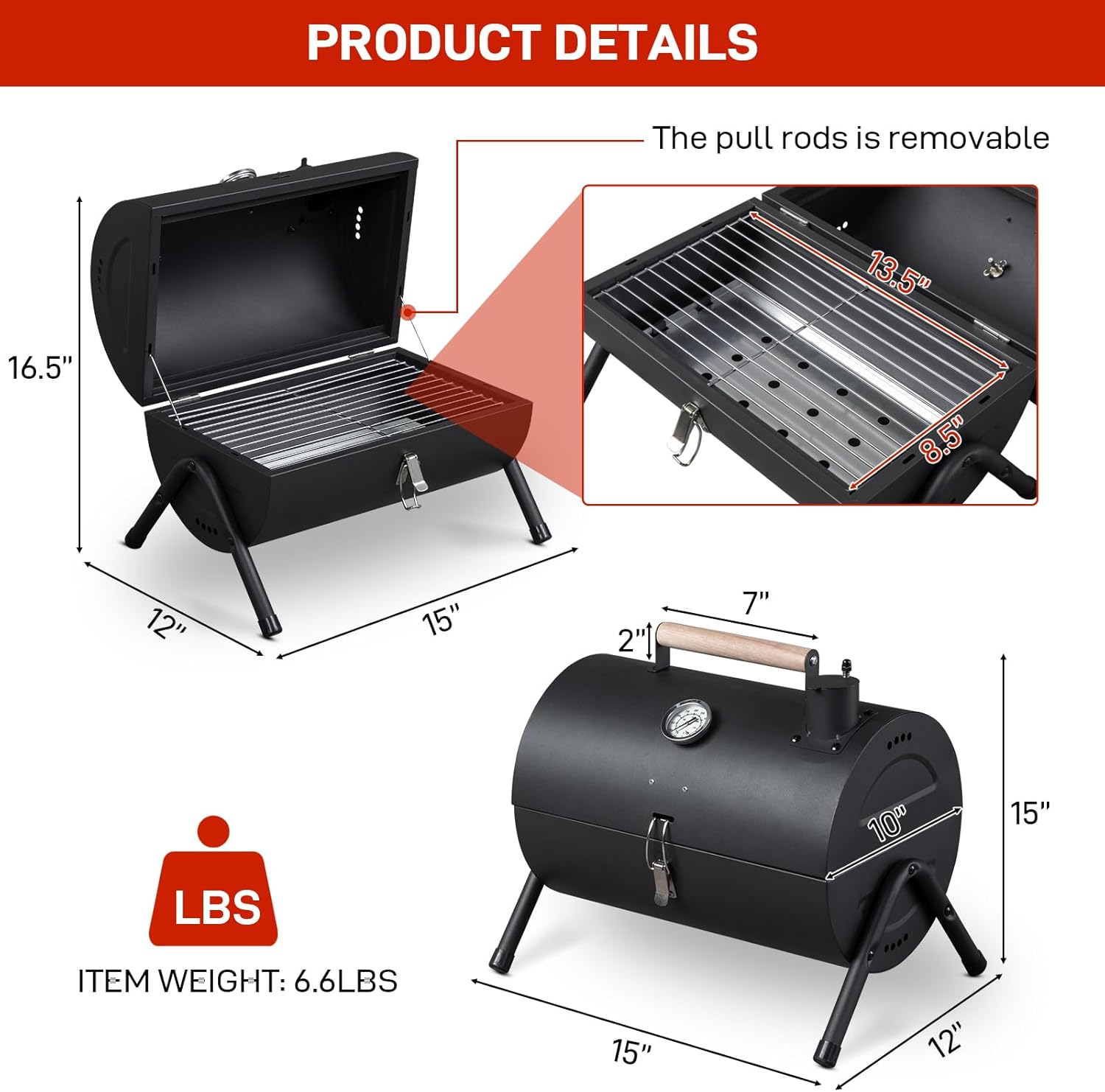 VINGLI Portable Charcoal Grill with Thermometer  Wooden Handle, Multi-functional Metal Compact Tabletop BBQ Outdoor Charcoal Grill for Camping Travel Picnic Patio