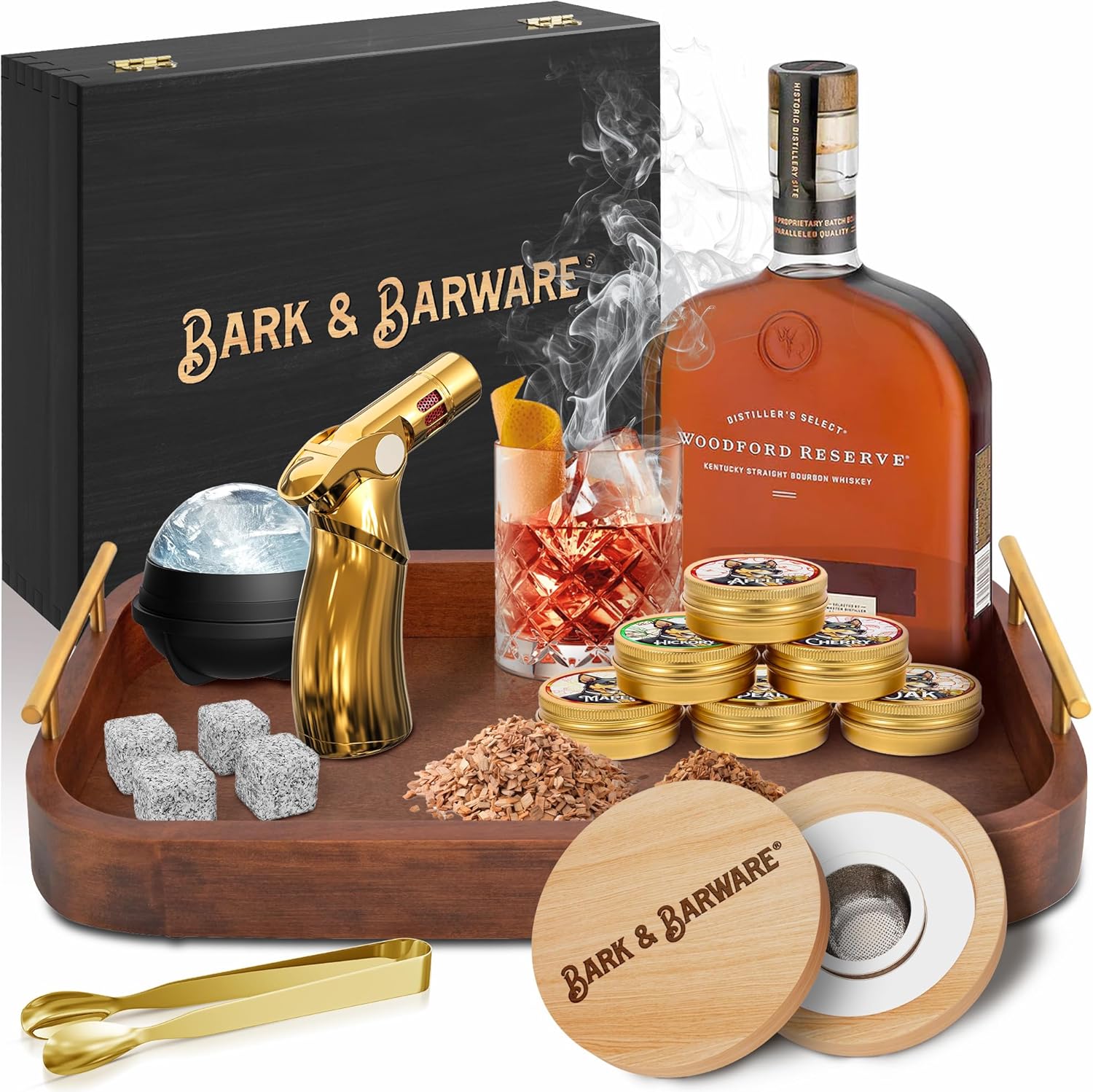 Bark  Barware Premium Cocktail Smoker Kit with Torch - Black Wood Box, Gold Tools, 6 Flavors Chips - Old Fashioned Bourbon Smoker Kit - (no Butane) Whisky Gifts for Men - Whiskey Smoker Kit