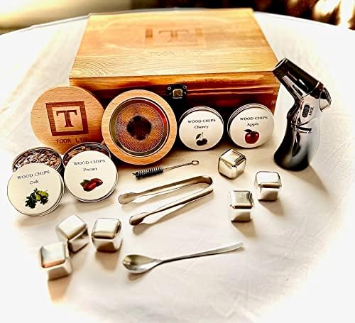 Cocktail Smoker Kit with Torch - Bourbon Whiskey Old Fashioned Smoker Kit, 4 Flavors of Natural Wood Chips, Stainless Ice Cubes, Smoke Infuser, and More for Men