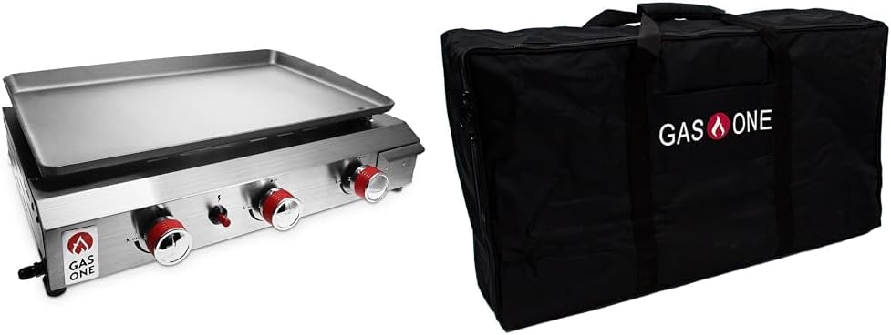 Gas One Flat Top Grill with 3 Burners – Auto Ignition Propane Portable Gas Grill – Premium Stainless Steel Body Tabletop Grill with Pre Season Griddle – Convenient Drip Tray – Ideal for RV, Camping