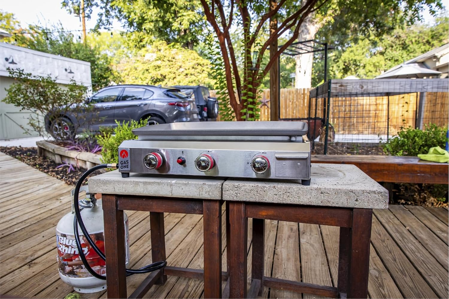 Gas One Flat Top Grill with 3 Burners – Auto Ignition Propane Portable Gas Grill – Premium Stainless Steel Body Tabletop Grill with Pre Season Griddle – Convenient Drip Tray – Ideal for RV, Camping