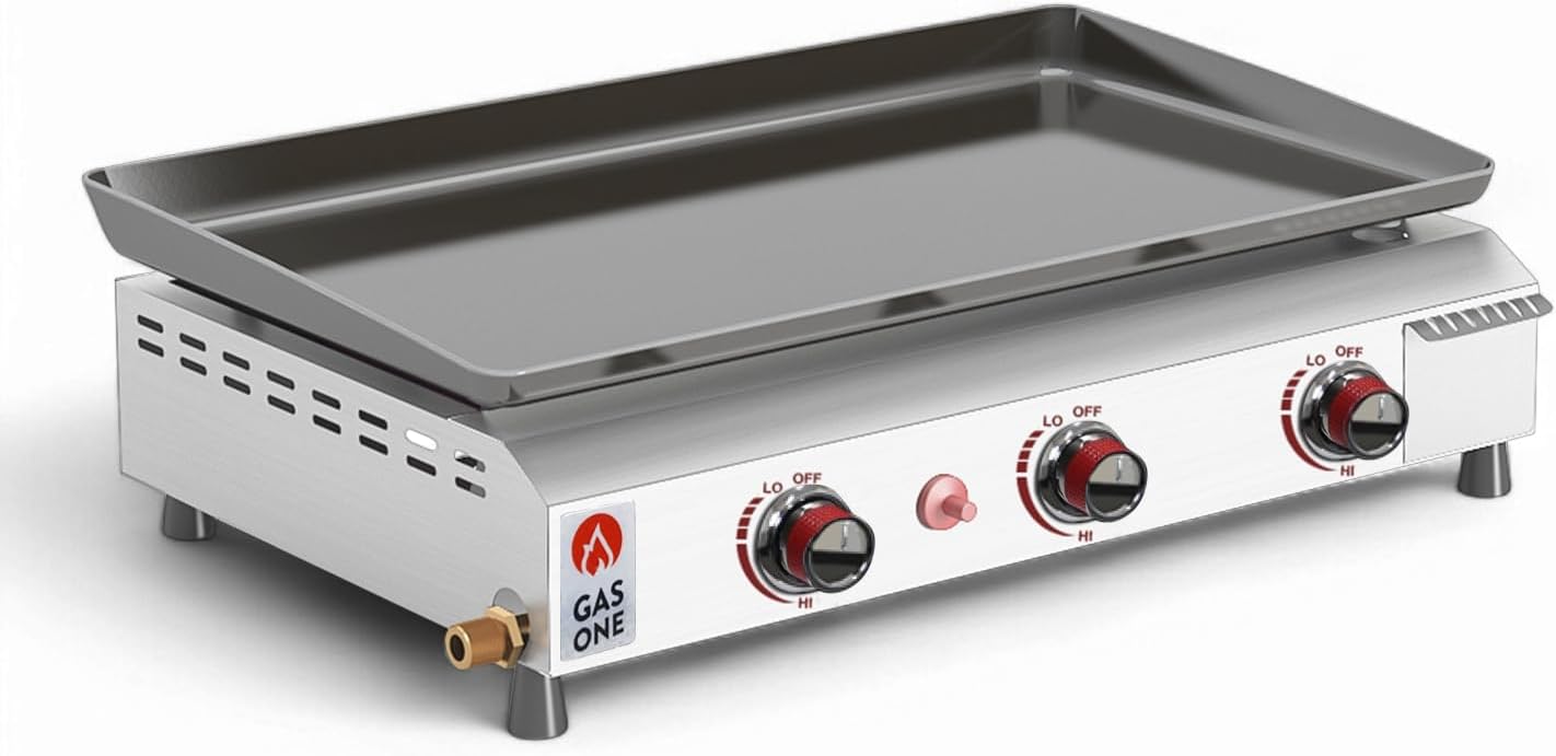 Gas One Flat Top Grill with 3 Burners – Auto Ignition Propane Portable Gas Grill – Premium Stainless Steel Body Tabletop Grill with Pre Season Griddle – Convenient Drip Tray – Ideal for RV, Camping