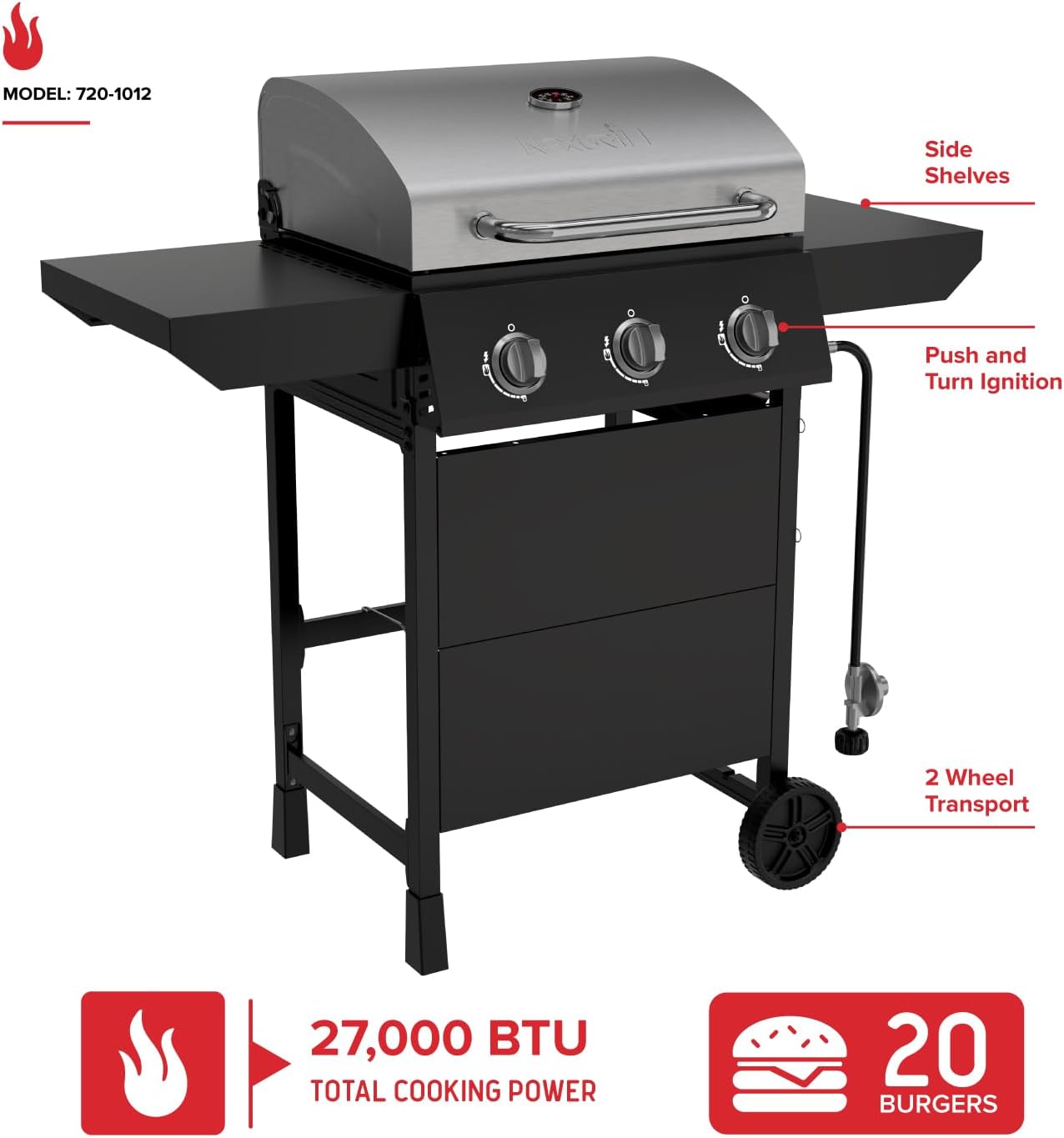 Nexgrill 3-Burner Propane Gas Grill with Side Tables, 27,000BTUs, Stainless Steel Lid, Spacious 429 SQ. In. Cooking Space, BBQ Grill for Outdoor Cooking, Patios, Parties, and More - 720-1012