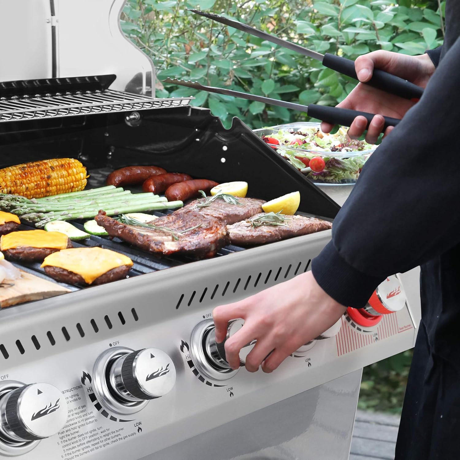 Royal Gourmet GA6402S 6-Burner Propane Gas Grill with Side Burner and Warming Rack, 74,000 BTUs, Cabinet Style Outdoor BBQ Grill for Barbecue Grilling  Backyard Cooking, Silver