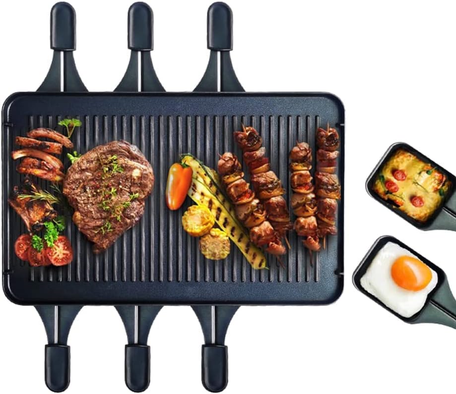 TinaMros 3 Layers with Lid 1500W Portable Non-Stick Reversible 2 in1 Electric Raclette Grill Table for 8 Paddles and Person