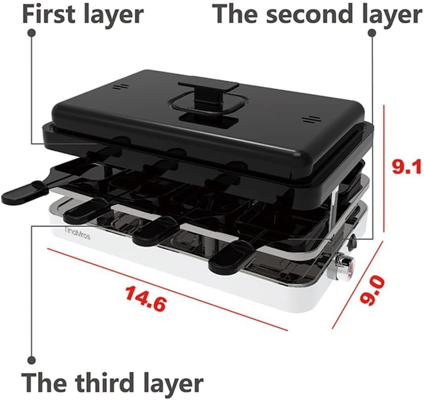 TinaMros 3 Layers with Lid 1500W Portable Non-Stick Reversible 2 in1 Electric Raclette Grill Table for 8 Paddles and Person