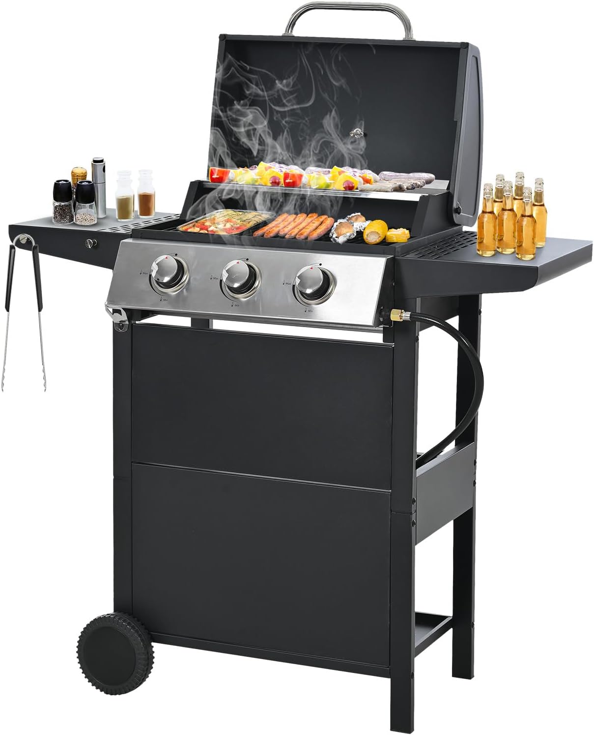 Unovivy 3-Burner Propane Gas BBQ Grill with Top Cover Lid, Wheels, and Side Storage Shelves  Built-in Thermometer, 25,650 BTU Outdoor Cooking, Patio, Garden Barbecue Grill, Black and Silver