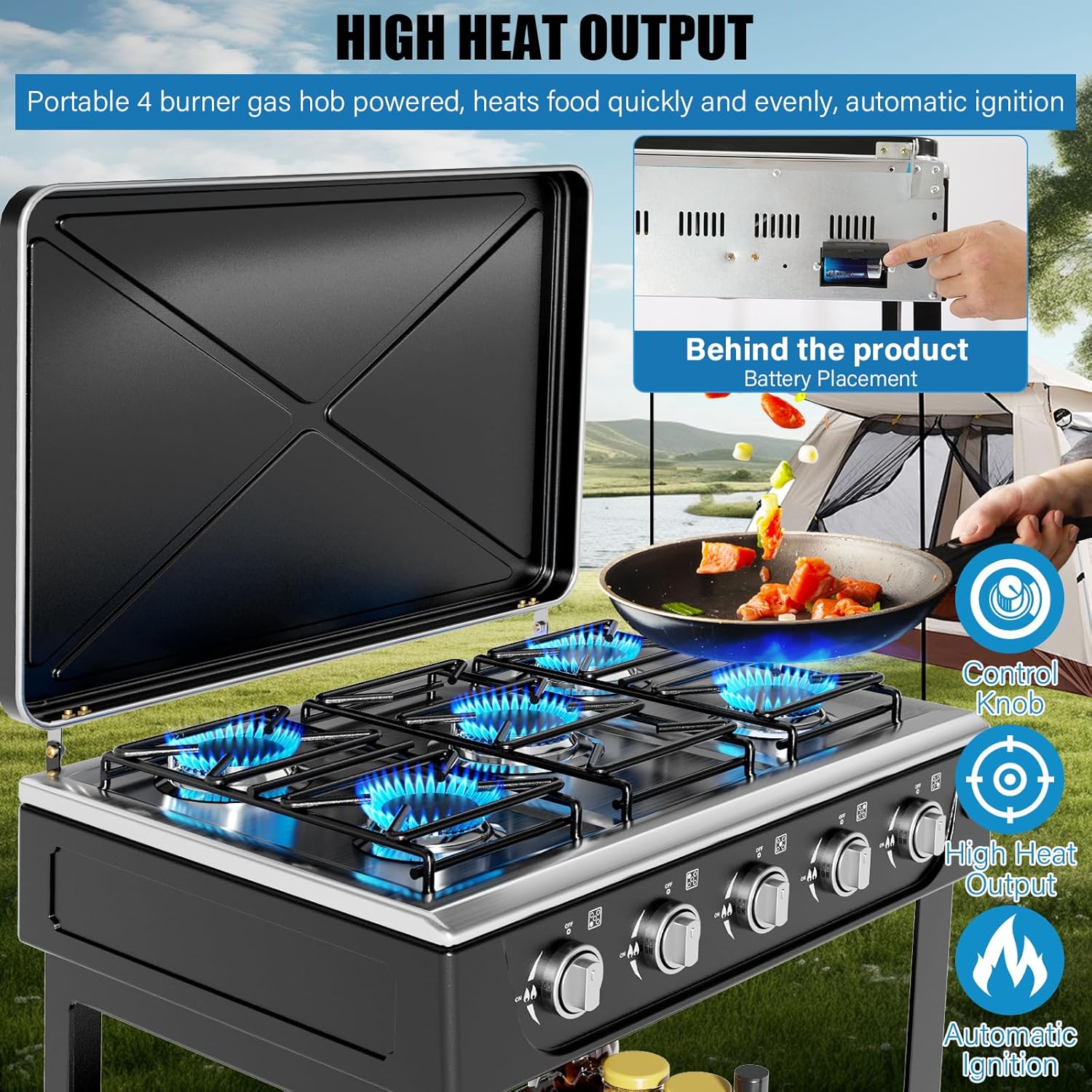 forimo Propane Gas Stove,5 Burner Propane Burner,Auto Ignition Camping Stove with Support Leg Stand and Wind Blocking Cover Adapter, Portable Gas Stove for RV, Apartment, Outdoor Cooking