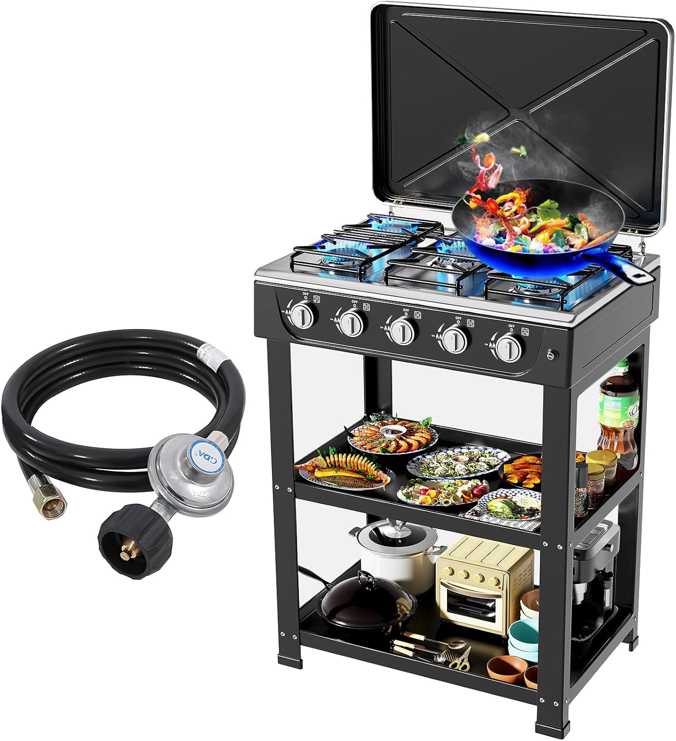 forimo Propane Gas Stove,5 Burner Propane Burner,Auto Ignition Camping Stove with Support Leg Stand and Wind Blocking Cover Adapter, Portable Gas Stove for RV, Apartment, Outdoor Cooking