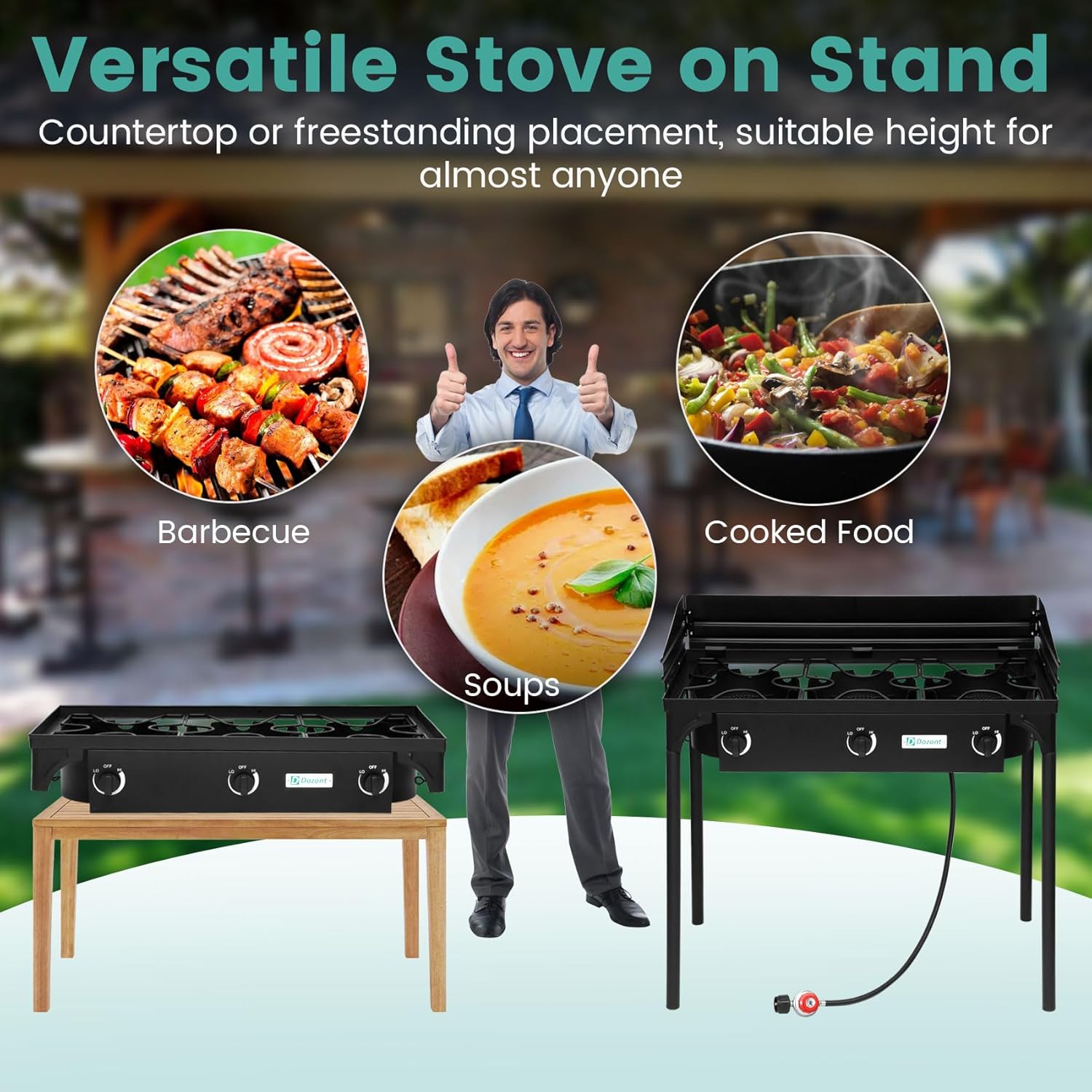 Upgraded 3 Burner Propane Stove, 3 Burner Camp Stove with Windscreen Outdoor High Pressure Propane 3 Burner Stove Adjustable 20 PSI Regulator and 5ft Steel Braided Hose with Removable Legs
