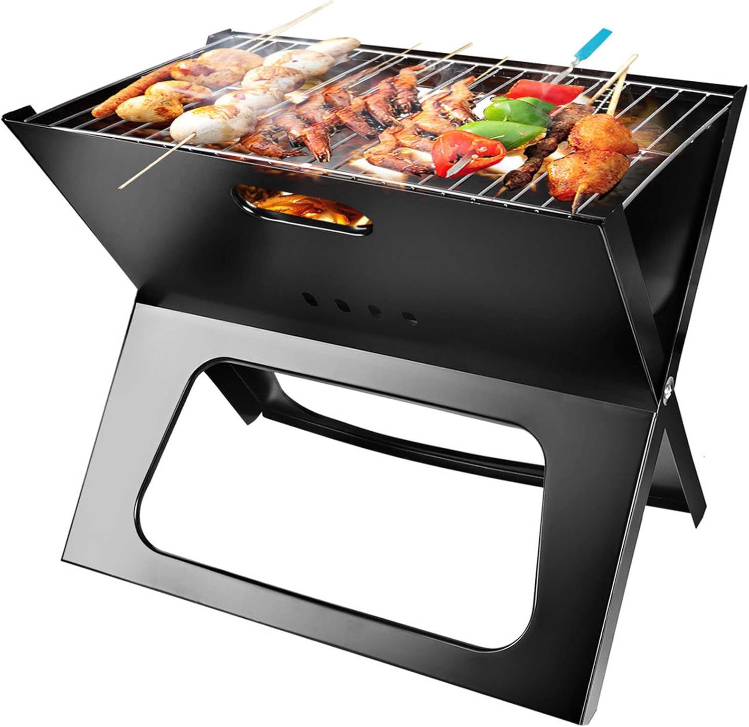Portable Charcoal Grill, Upgraded Folding Large Barbecue Charcoal Grill W/Board Shelf  Flavoring Storage Basket, Stainless Steel Frame, for 8 People Picnic Garden Terrace Camping Travel Use