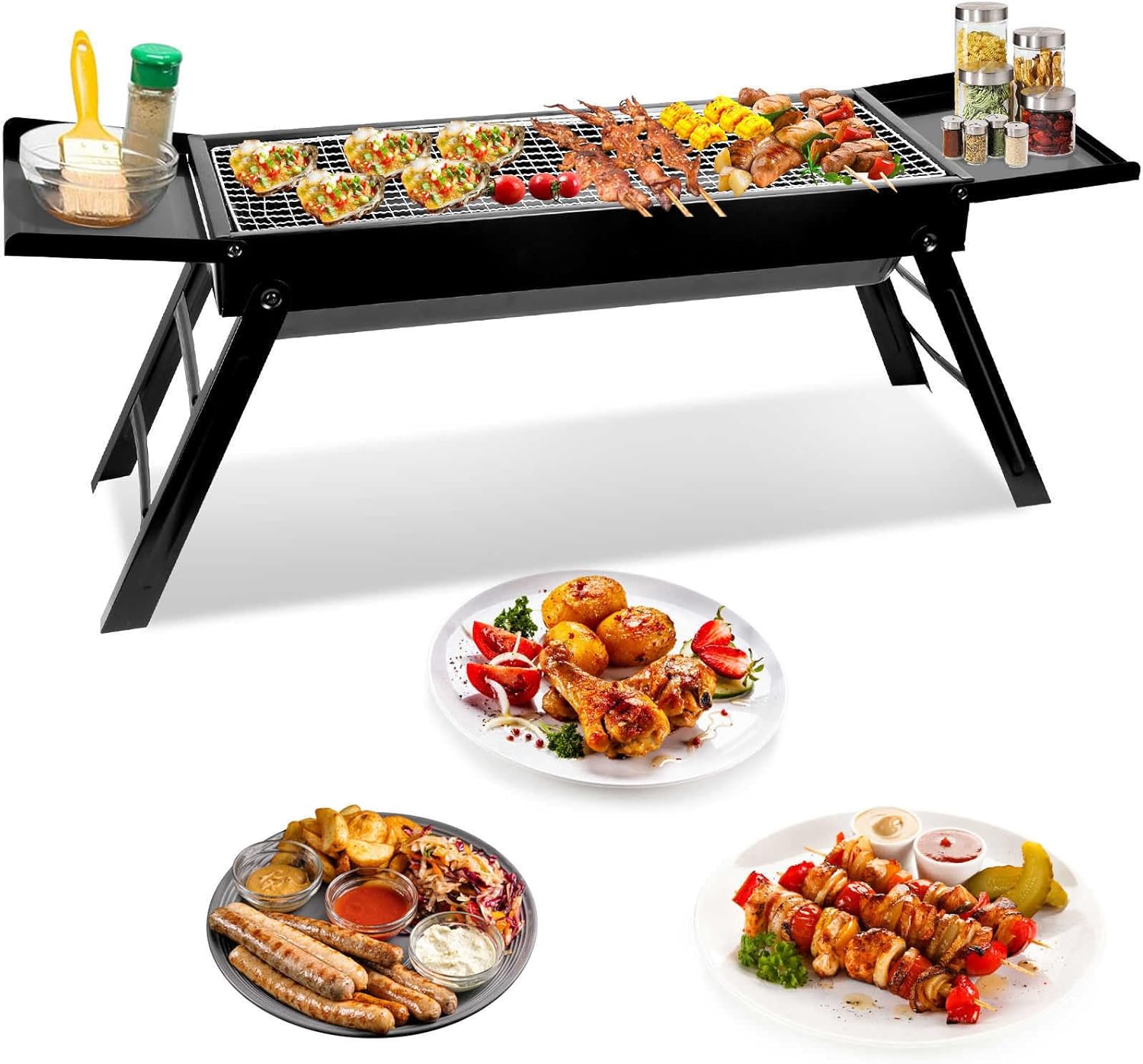 Portable Charcoal Grill, Upgraded Folding Large Barbecue Charcoal Grill W/Board Shelf  Flavoring Storage Basket, Stainless Steel Frame, for 8 People Picnic Garden Terrace Camping Travel Use