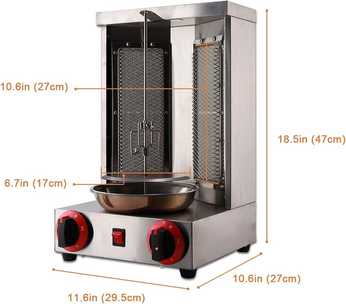 Shawarma Grill Doner Kebab Machine Gas Gyro broilers Rotating Home Vertical Rotisserie with 2 Burners 110V for Chicken Roast,Turkey Roast,Tacos,Roast,（Registered Design Patent）