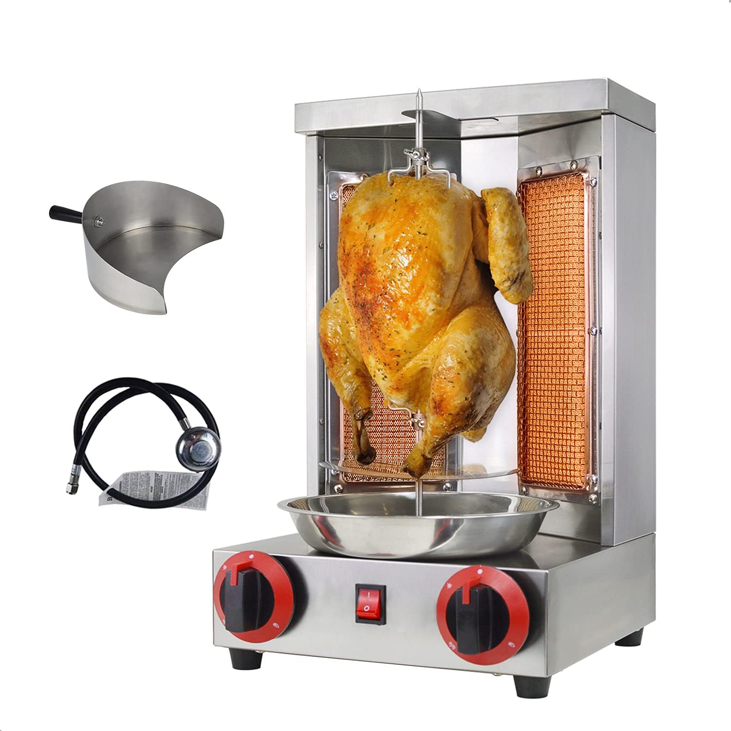 Shawarma Grill Doner Kebab Machine Gas Gyro broilers Rotating Home Vertical Rotisserie with 2 Burners 110V for Chicken Roast,Turkey Roast,Tacos,Roast,（Registered Design Patent）