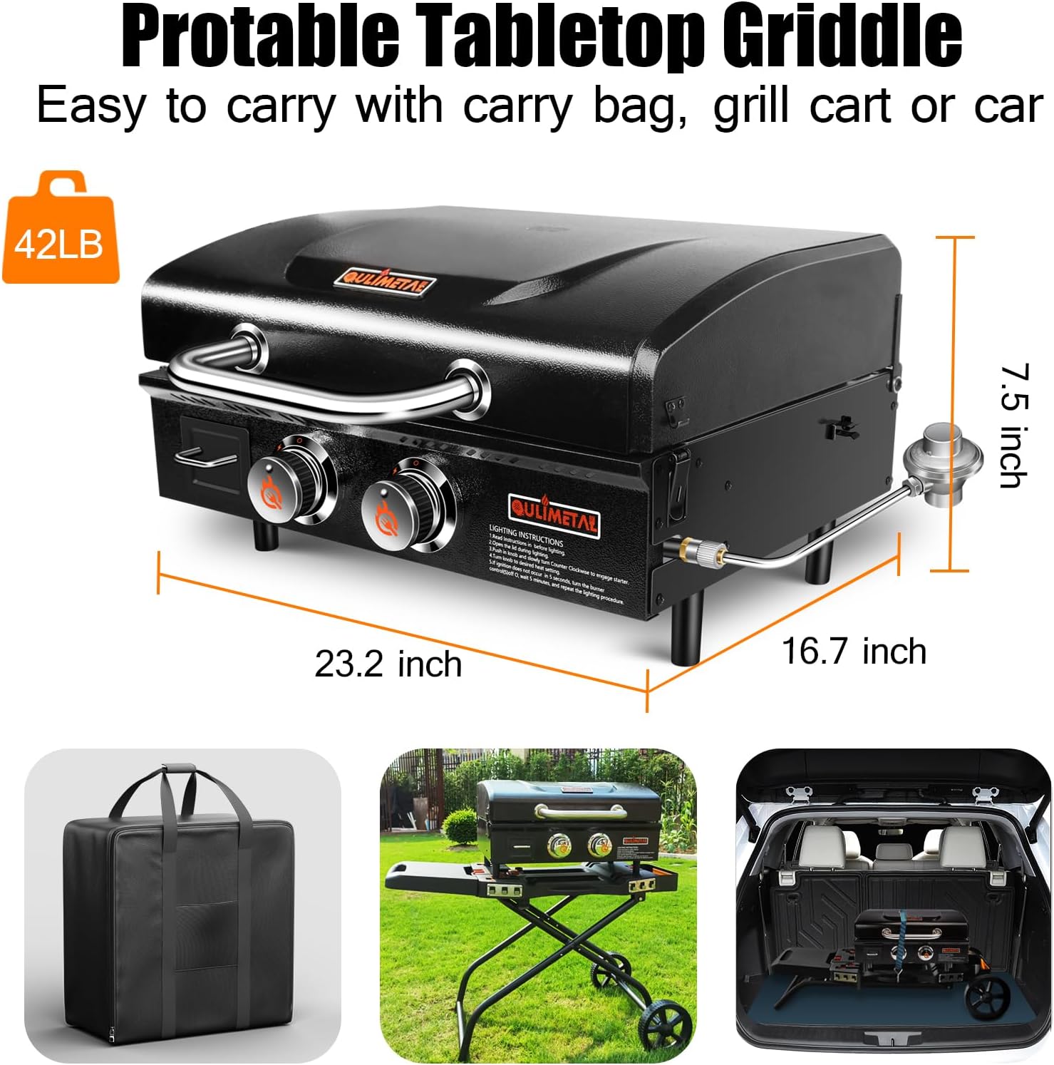 2025 Upgraded 22” Tabletop Griddle with Hood and Stainless Steel Front Plate, Flat Top Grill Griddle Propane Grill with Carry Bag, 24000 BTU, 348 Sq, 2 Burners, Powder Coated Steel