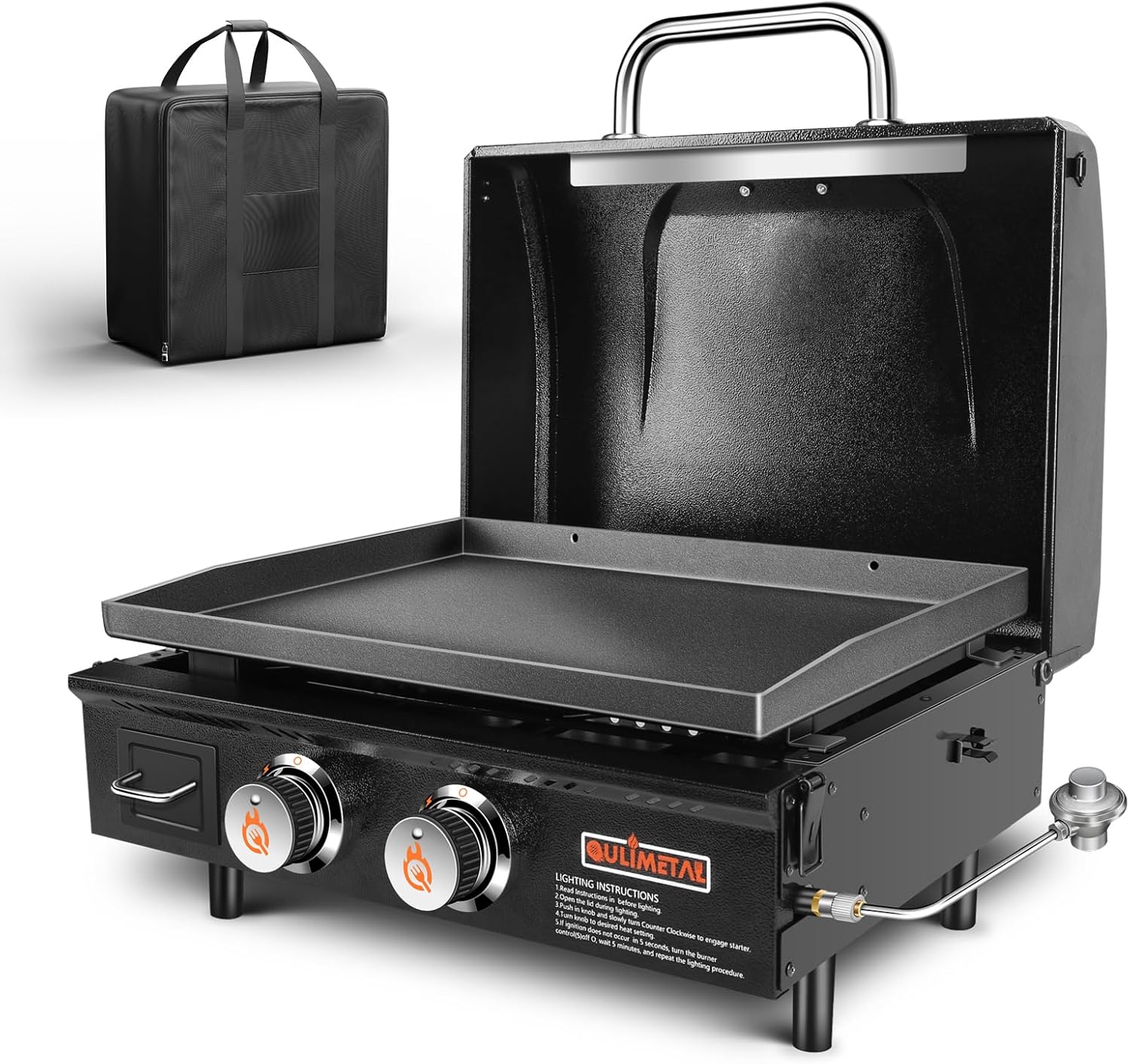 2025 Upgraded 22” Tabletop Griddle with Hood and Stainless Steel Front Plate, Flat Top Grill Griddle Propane Grill with Carry Bag, 24000 BTU, 348 Sq, 2 Burners, Powder Coated Steel