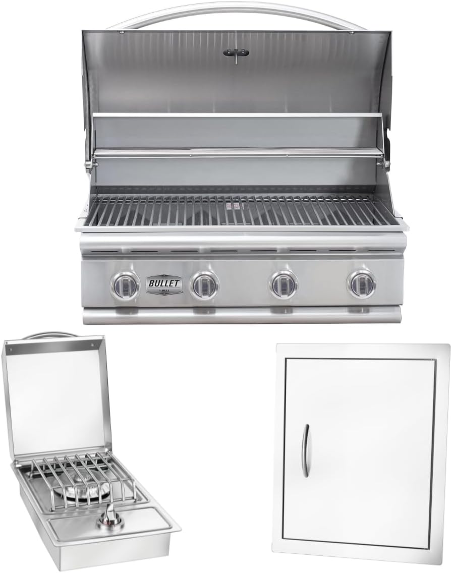 Bullet by Bull Stainless Steel Outdoor Kitchen Set - Built-In Liquid Propane Grill, Perfect for Entertaining -BBQ Kitchen Isl Bundle - Includes 4 Burner Grill, Double Access Door  Side Burner