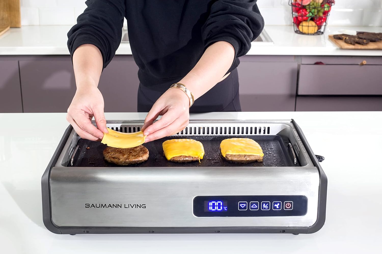 Indoor Smokeless Grill 1500W with Smart LED Touch Screen, Tempered Glass Lid, 2 Removable Ceramic Nonstick Grill  Griddle Plate, in a Modern Stainless Steel Design.