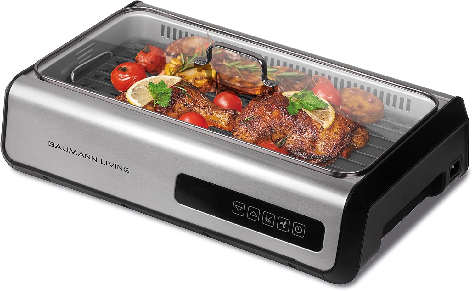 Indoor Smokeless Grill 1500W with Smart LED Touch Screen, Tempered Glass Lid, 2 Removable Ceramic Nonstick Grill  Griddle Plate, in a Modern Stainless Steel Design.