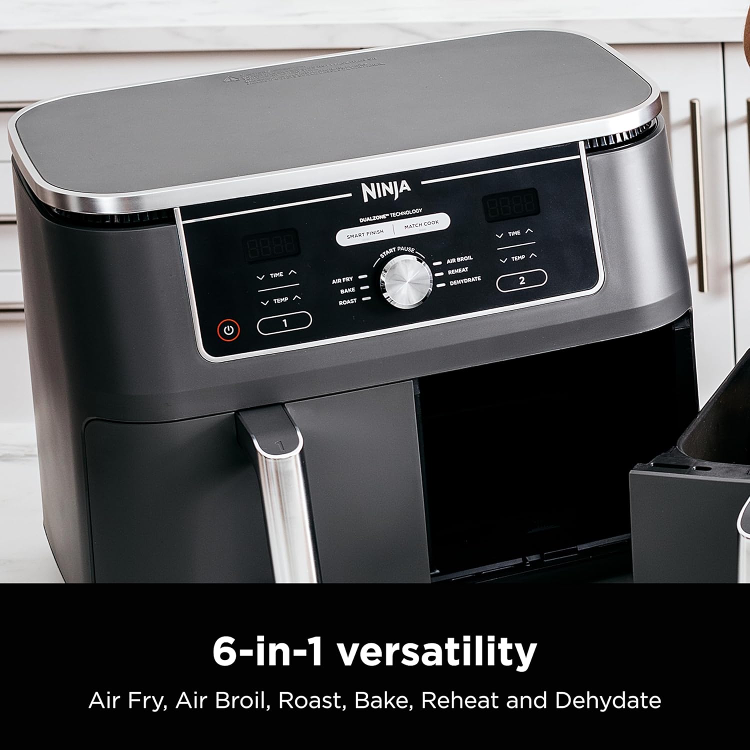 Ninja Foodi 10QT 6-in-1 DualZone Smart XL Air Fryer, 2 Independent 5QT Baskets, Smart Cook Thermometer, Match Cook, Smart Finish, Air Fry, Roast, Bake, Dehydrate, Reheat, Grey, DZ550