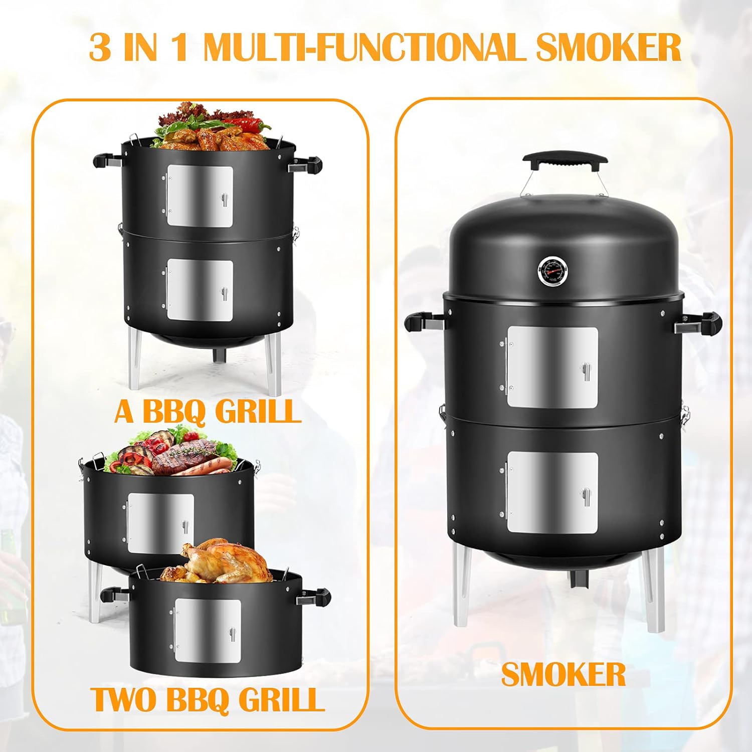 Portable Charcoal BBQ Grill: Outdoor Small Charcoal Grills with Meat Smoker Combo for Backyard Patio Barbecue | Outdoor Smoking | Camping BBQ | Outside Cooking