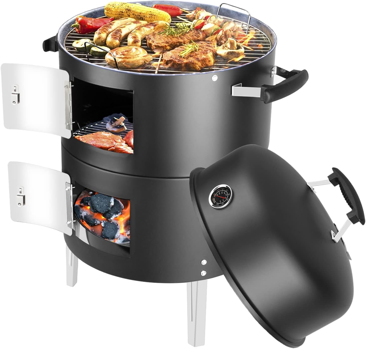 Portable Charcoal BBQ Grill: Outdoor Small Charcoal Grills with Meat Smoker Combo for Backyard Patio Barbecue | Outdoor Smoking | Camping BBQ | Outside Cooking