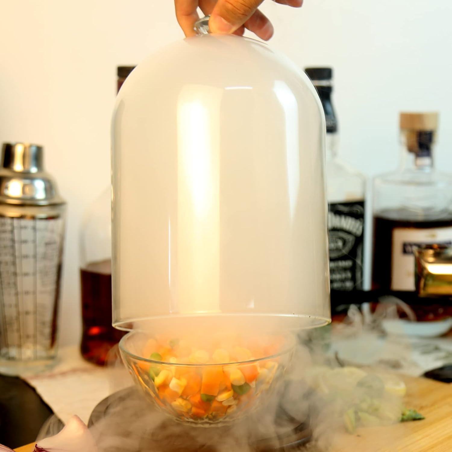 Smoking Cloche For Food Drinks With Wood Base, Cocktails Smoke Infuser Accessory, Glass Dome for Smoker Gun